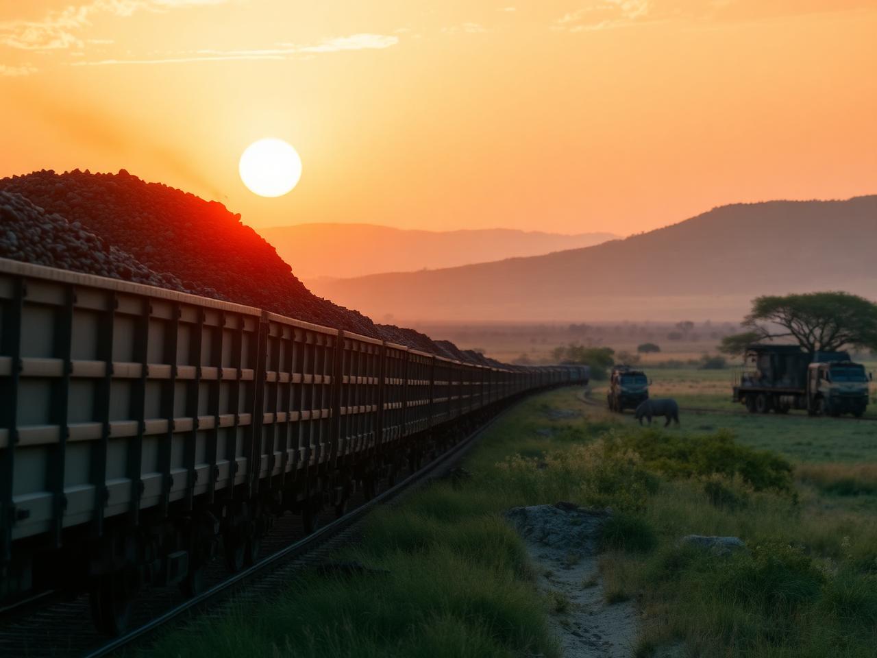 Coal freight train at sunset across African landscape